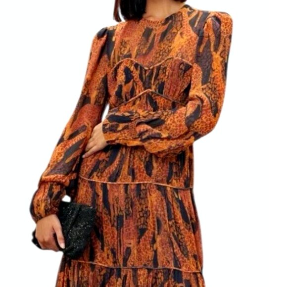 Farm Rio Giraffes Puff Sleeve Corset Piping Tiered Maxi Dress in Orange  S  $315 - Picture 3 of 16